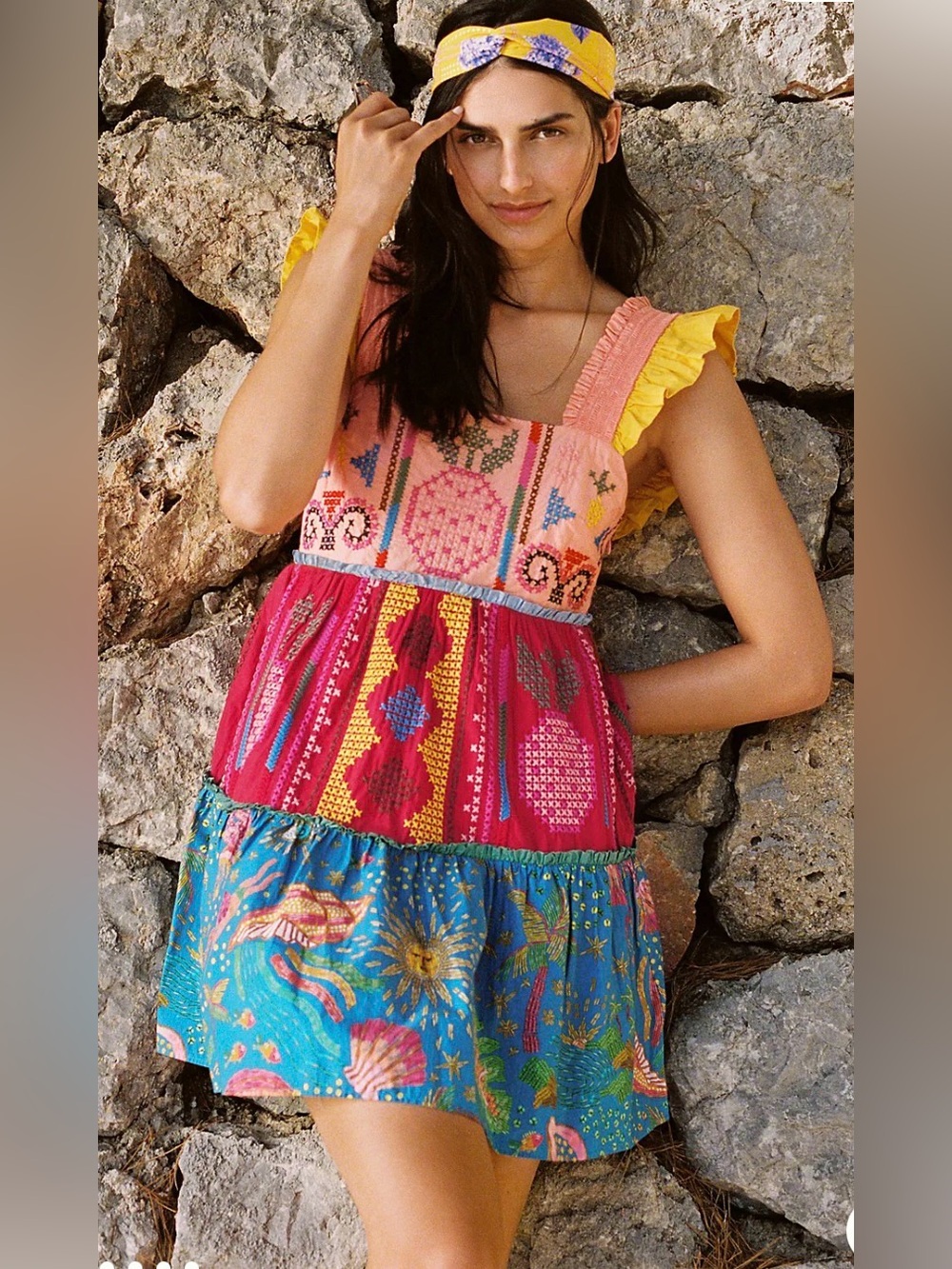 NWT FARM RIO Colorblock Embroidered Ruffle Mini Dress 100% Cotton
